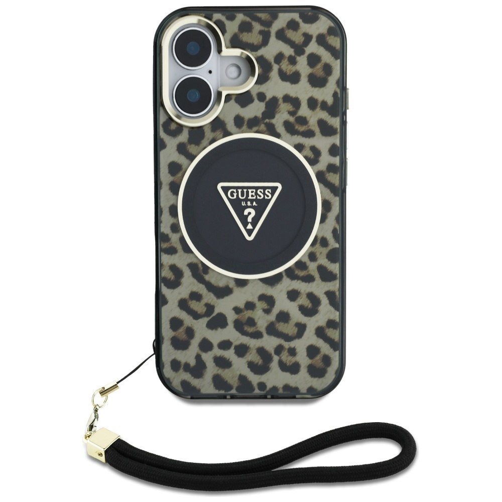 Etui Guess HC IML Leopard Triangle Cord Strap do iPhone 16 MagSafe brązowy